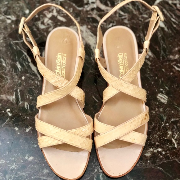 {Calvin Klein} Snakeskin Cross Strap Sandals - Picture 2 of 4